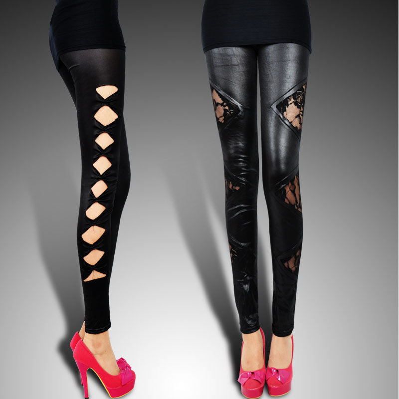 Free shipping 2012 patent leather legging patchwork lace legging cutout hole legging ankle length trousers female