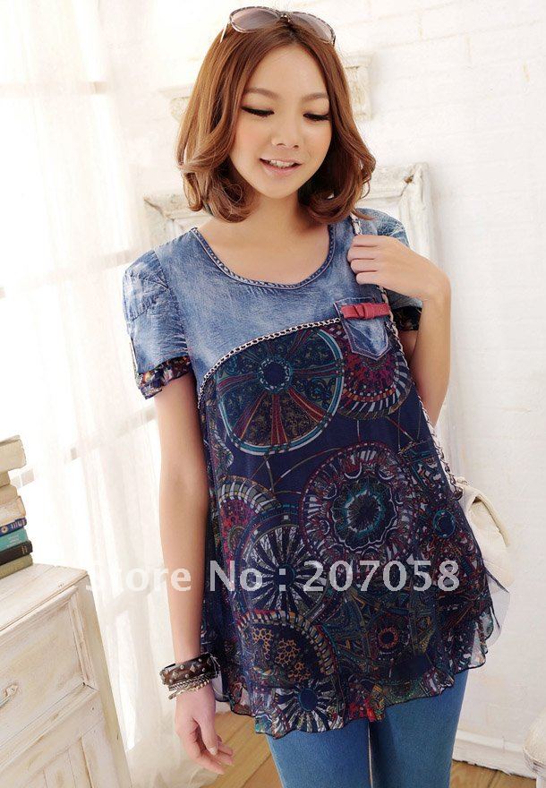 Free shipping 2012 plus size  blouse L XL 2XL  o-neck short-sleeve print denim patchwork chiffon blouse