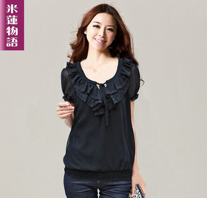 Free shipping! 2012 plus size clothing chiffon shirt plus size short-sleeve chiffon t-shirt black chiffon top