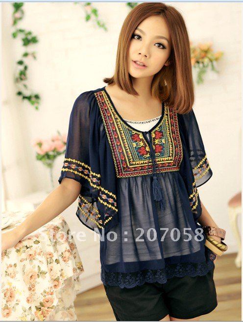 Free shipping 2012  plus size clothing vintage batwing sleeve chiffon shirt bohemia blouse + top L XL 2XL 3XL