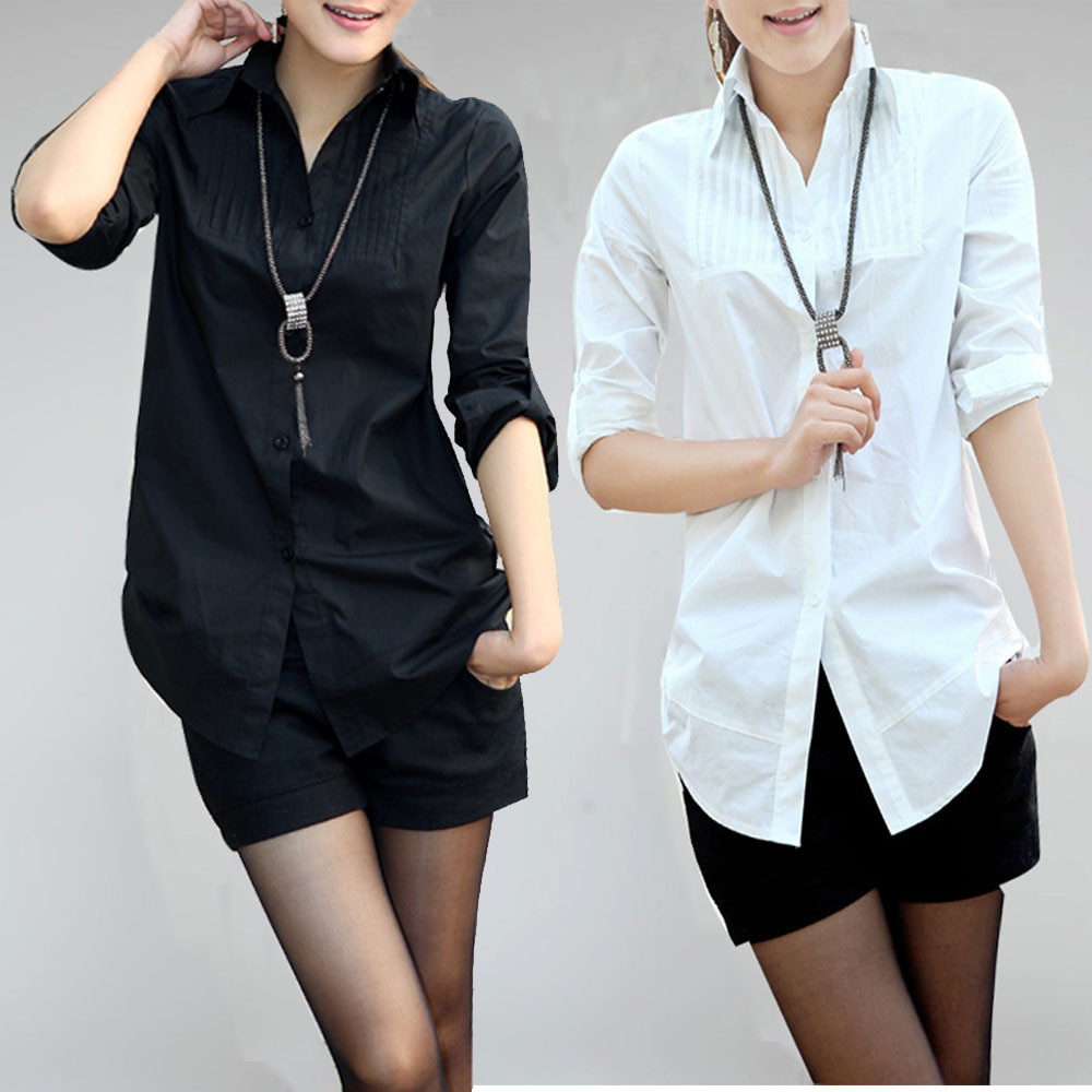 Free Shipping! 2012 plus size summer shirt OL professional women 100% cotton medium-long shirts white necklace B0592#