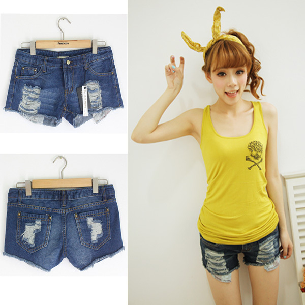 Free shipping 2012 preppy style unbackfilled pocket distrressed hole broken sanded denim shorts 0163 MYYH