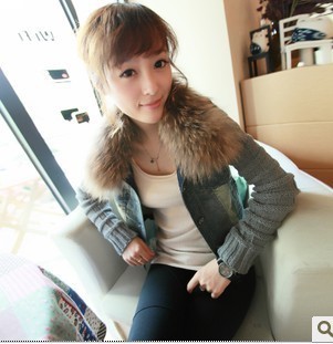 free shipping 2012 raccoon large fur collar yarn sleeves denim top short jacket