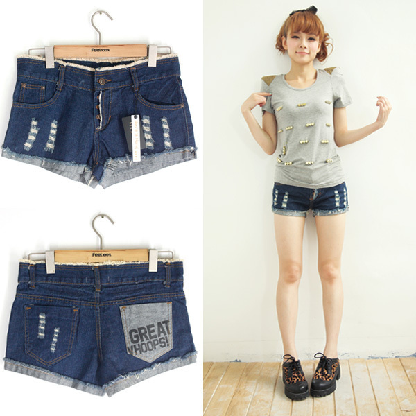 Free shipping 2012 roll up hem distrressed letter pocket decoration moben buckle denim shorts 09967 MYYH