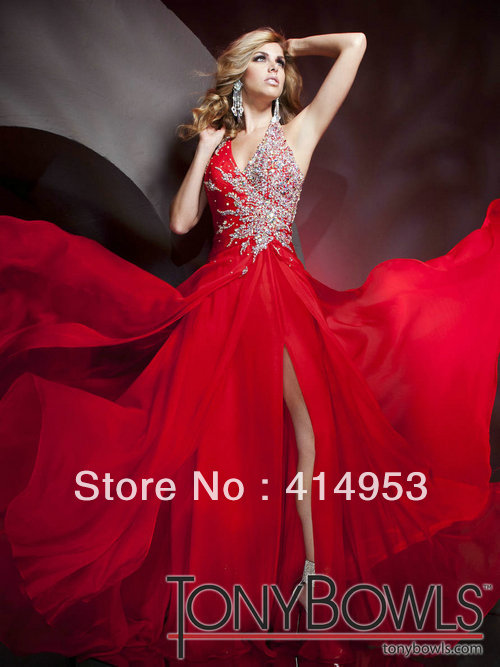 Free Shipping 2012 Sexy Halter Sparkling Crystal Beaded Red Chiffon Ruched Elegant Evening Gowns Tony Bowls Dresses Evening
