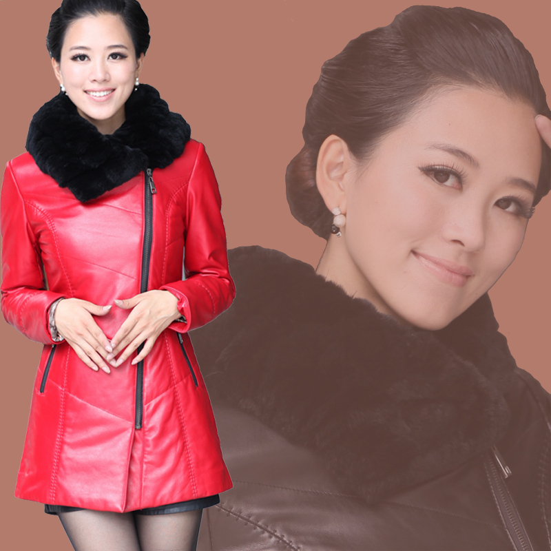 free shipping  2012 sheepskin genuine leather  women down coat female medium-long slim fur collar outerwear down jacket