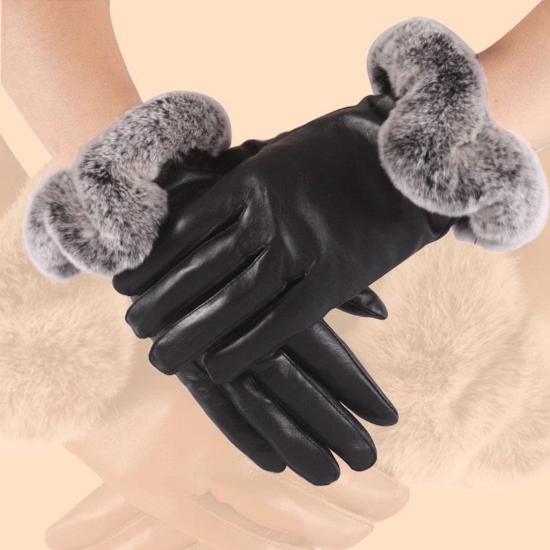 Free shipping 2012 sheepskin gloves rex rabbit hair genuine leather mittens female winter velvet thermal fur finger gloves