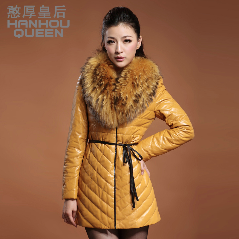 free shipping  2012 sheepskin medium-long slim raccoon fur leather down coat female genuine leather clothing