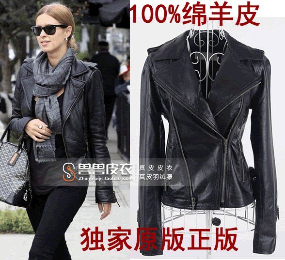 free shipping 2012 sheepskin punk genuine leather jacket slim Women motorcycle leather clothing outerwear