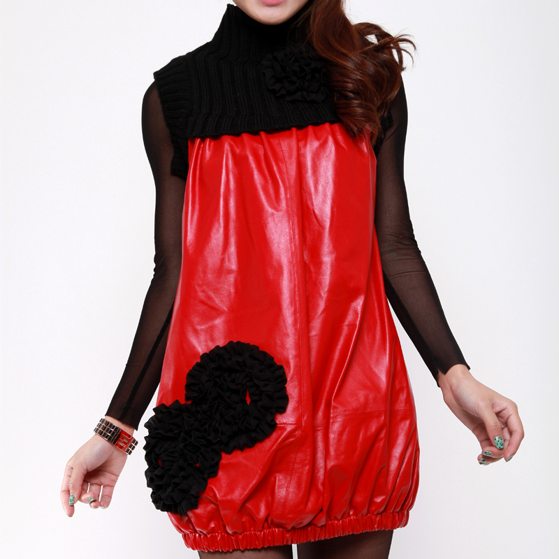 Free shipping 2012 sheepskin women's one-piece dress tank dress leather skirt