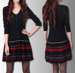 Free shipping 2012 slim stripe long design one-piece dress pleated skirt sweater