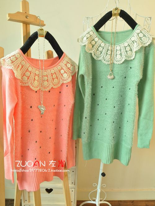free shipping 2012 slim sweater hook lace collar embroidery dot wool knitted sweater 233