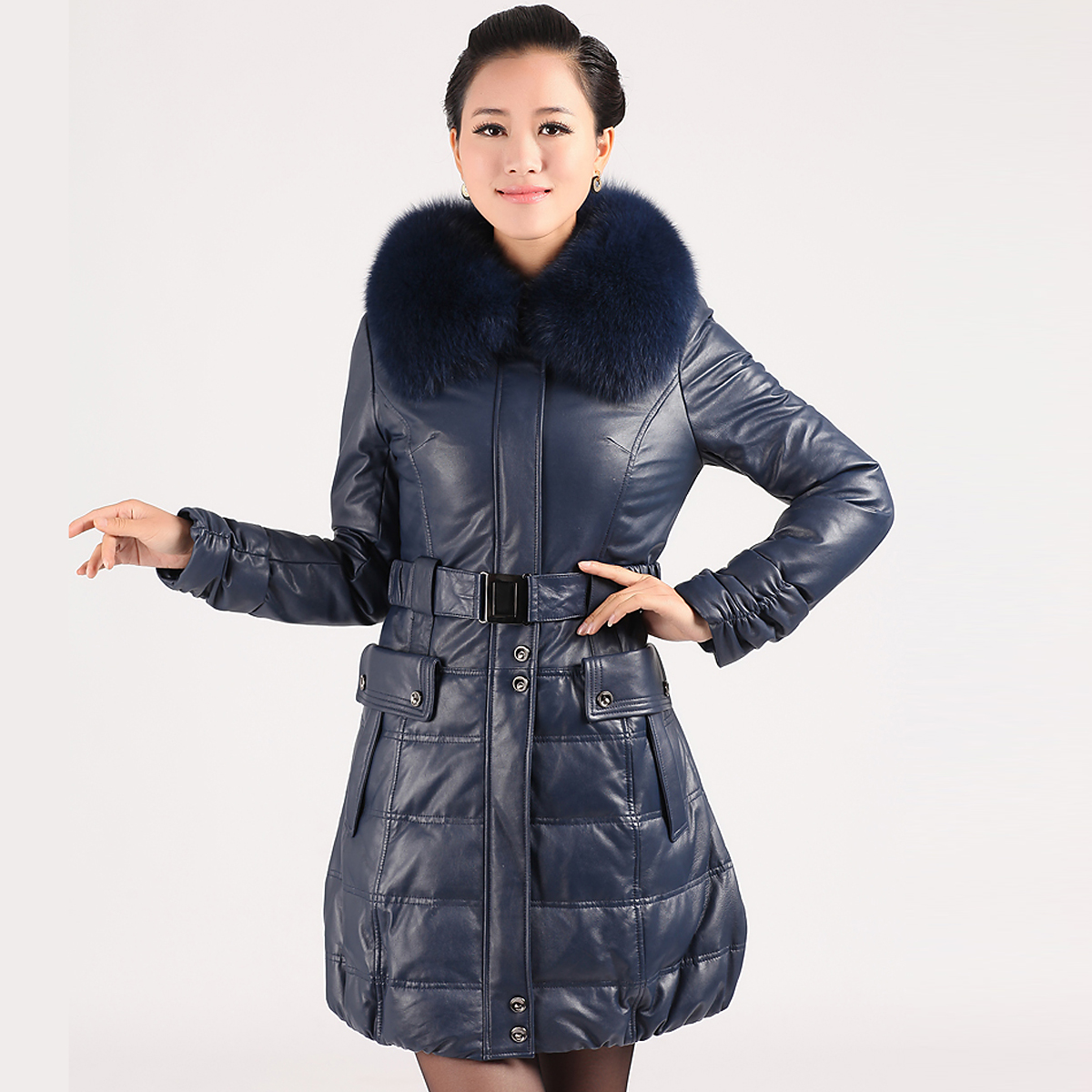 Free Shipping!  2012 slim thickening sheepskin down coat long design ,Real Genuine Leather Coat In Winter