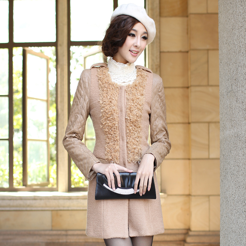 Free shipping 2012 slim women's woolen outerwear trench leather patchwork autumn and winter wool coat