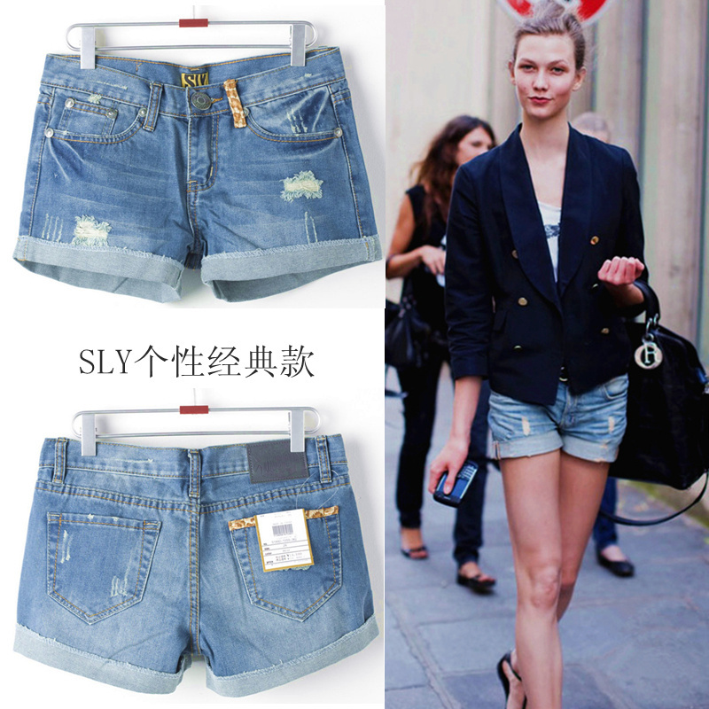 Free shipping, 2012 sly fashion denim shorts female hole single-shorts mid waist shorts female denim thin