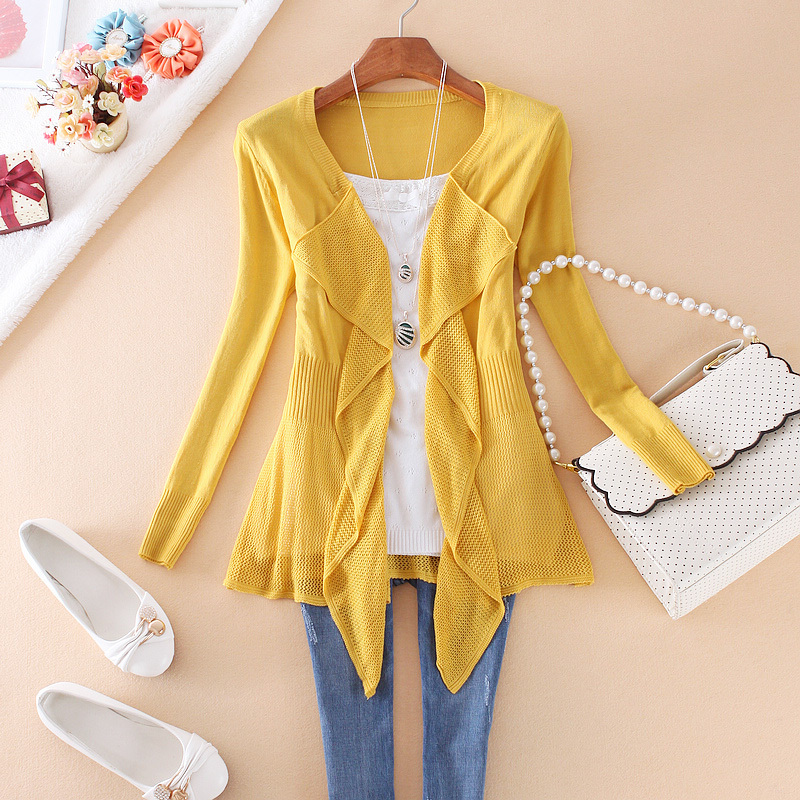 Free Shipping, 2012 solid color slim waist slim medium-long sweater cutout ruffle hem cardigan female