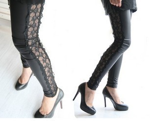 Free shipping 2012 spring all-match fashion faux leather exquisite lace patchwork ankle length trousers