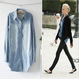 FREE SHIPPING! 2012 spring and autumn light color pearl button long-sleeve Women thin denim shirt plus size -HB