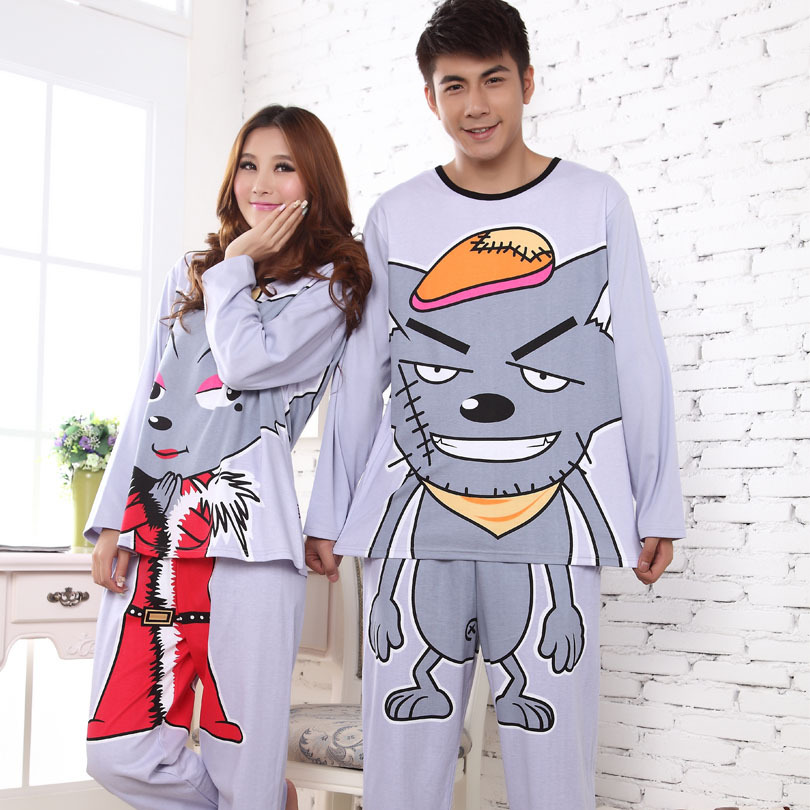 Free shipping 2012 spring and autumn lovers sleepwear cartoon with red wolf lounge sweet grey sleepwear
