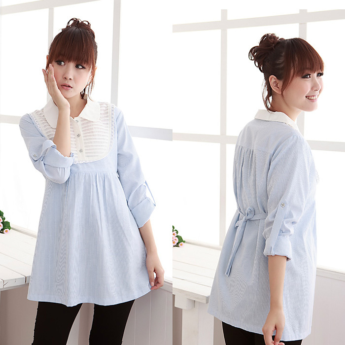 Free shipping! 2012 spring and autumn new arrival sweet elegant blue stripe 2 maternity shirt nursing clothing 8611