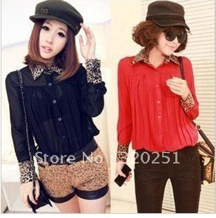 Free Shipping  2012 Spring and Autumn new hot pleated the leopard collar chiffon fashion blouses  b034 of