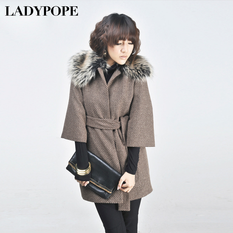 Free shipping 2012 spring and autumn women's fashion fur collar woolen batwing sleeve women's trench outerwear 21f002