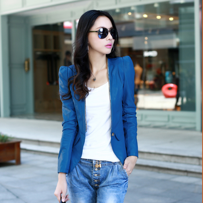 Free shipping 2012 spring and autumn women's solid color water wash PU clothing outerwear women's short design