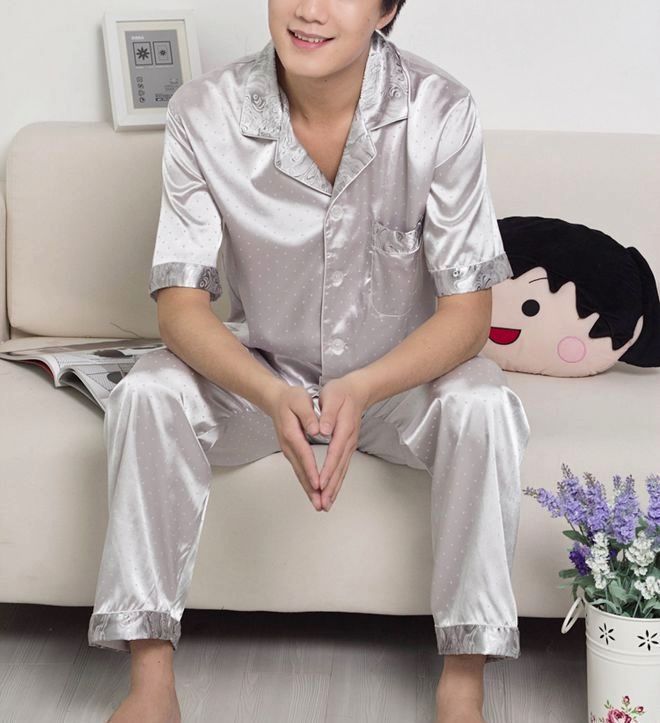 Free Shipping 2012 spring and summer faux silk men's short-sleeve sleepwear Men lounge silk male sleep set