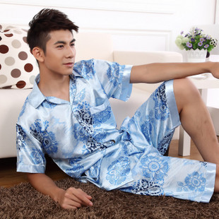 free shipping 2012 spring and summer male short-sleeve shorts faux silk sleep set lounge women pajamas