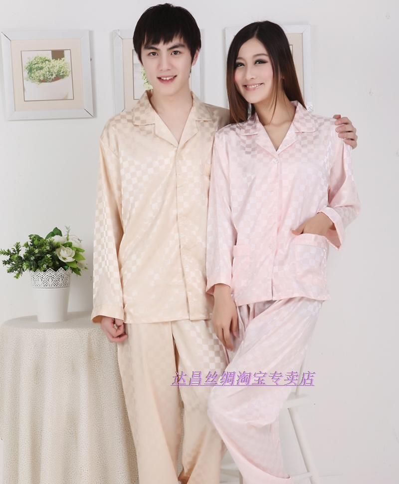Free Shipping 2012 spring and summer silk lovers sleep set long-sleeve plaid silk sleepwear at home service set