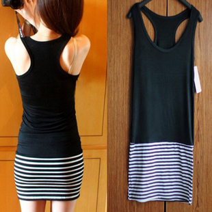 Free shipping, 2012 spring and summer stripe patchwork slim hip slim basic long design 100% cotton tank dress ,03