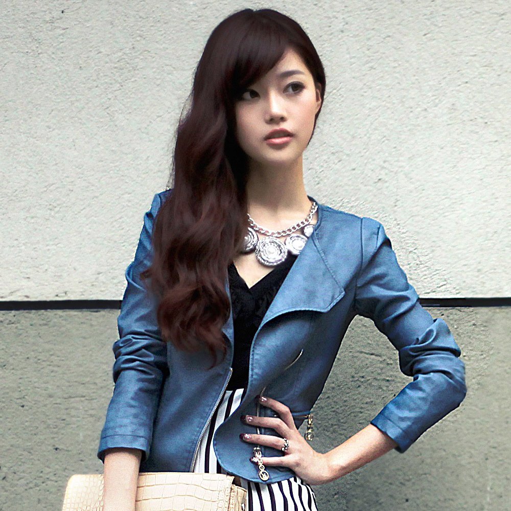 Free Shipping! 2012 Spring/Autumn Fashion Short Rivet Design Biker Slim Women's Blue Water Washed Leather Jacket B06653#