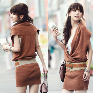 free shipping! 2012 spring fashion women's big v turn-down collar loose batwing shirt medium-long knit dress outerwear