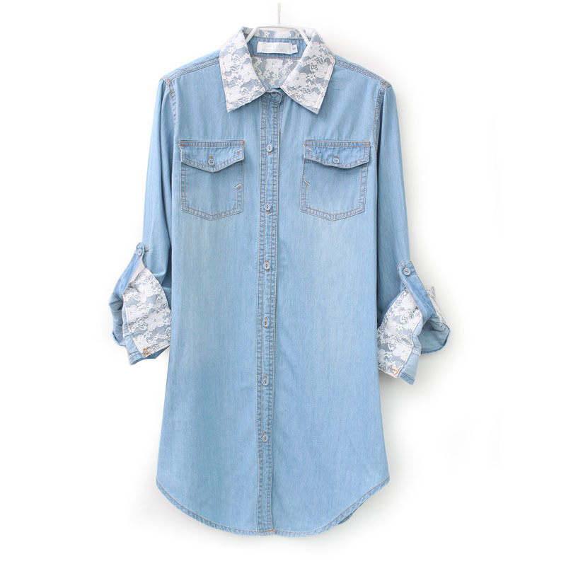 Free Shipping 2012 spring lace collar sweet slim medium-long denim shirt female