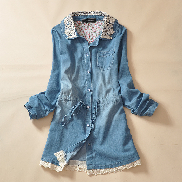 Free Shipping 2012 Spring lace women's slim waist drawstring medium-long  patchwork denim shirt laciness sweep shirt