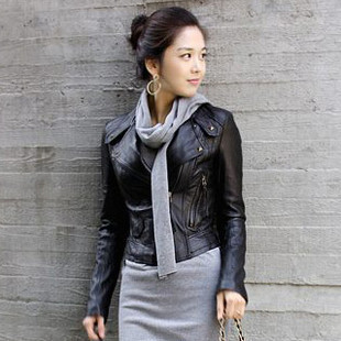 Free shipping 2012 spring leather clothing short design female leather clothing female black