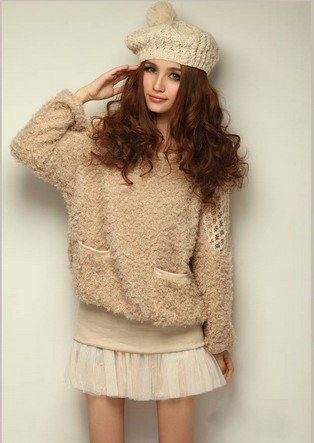 Free Shipping 2012 Spring New Sweet Fuzzy Pullovers Lace Patchwork Loose Sweater Ladies Sweater(Beige+Average)120909#4