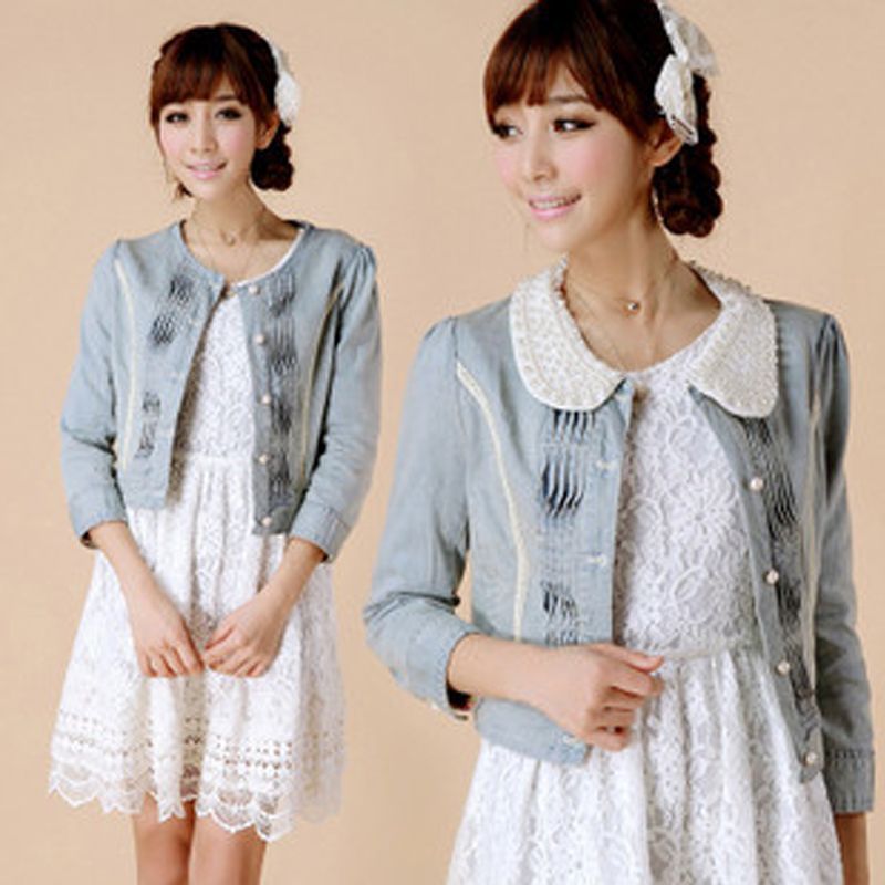 Free shipping 2012 spring pearl water wash denim short design outerwear all-match slim