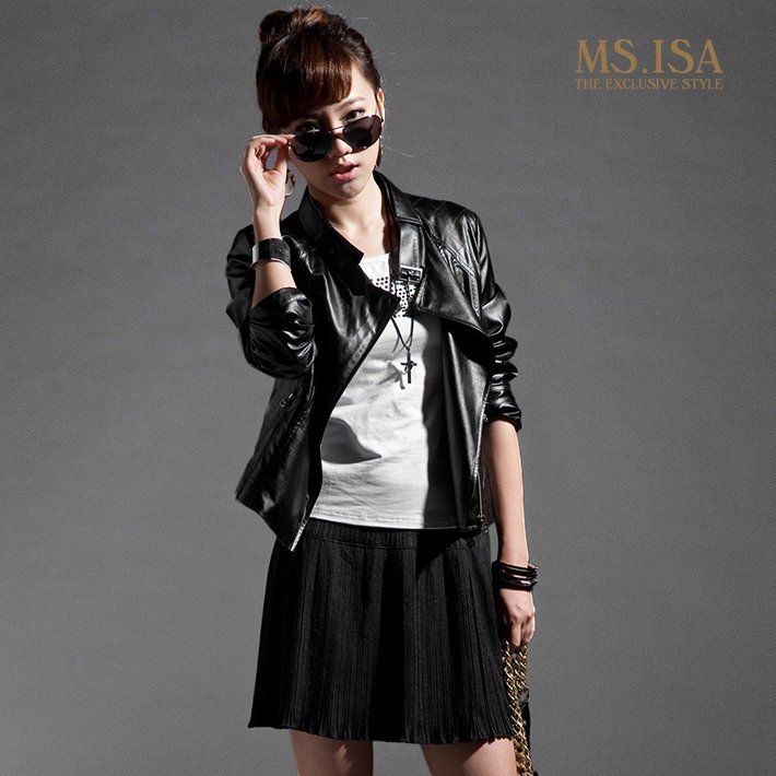 Free Shipping 2012 spring slim handsome stand collar zipper motorcycle leather clothing short design outerwear female