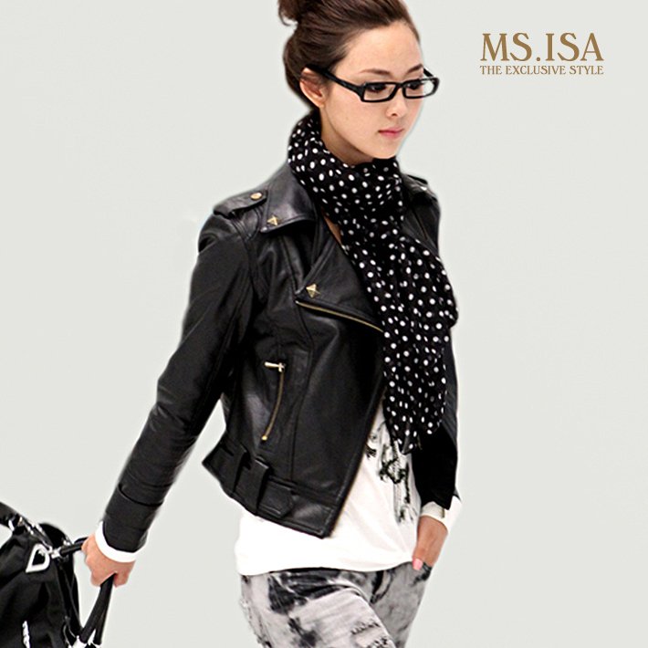 Free Shipping 2012 spring slim zipper rivet turn-down collar short design motorcycle outerwear leather clothing Women