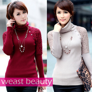 Free shipping, 2012 spring sweater lace crotch all-match long-sleeve turtleneck basic sweater
