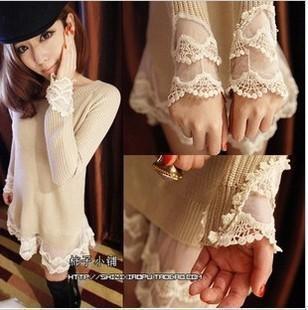 Free Shipping! 2012 spring sweet lace gauze ruffle patchwork low collar sweater women's medium-long jy -hb
