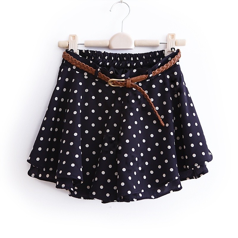 Free shipping 2012 spring vintage elastic waist polka dot chiffon culottes shorts with belt wq1320
