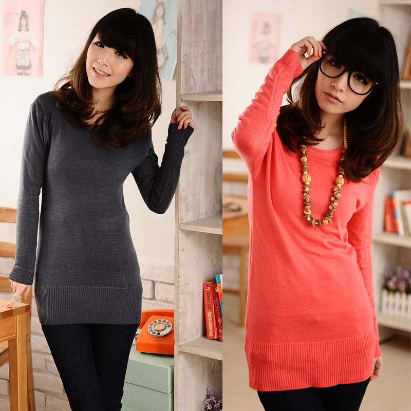 FREE SHIPPING 2012 spring women's long design slim sweater o-neck sweater dress long-sleeve basic sweater