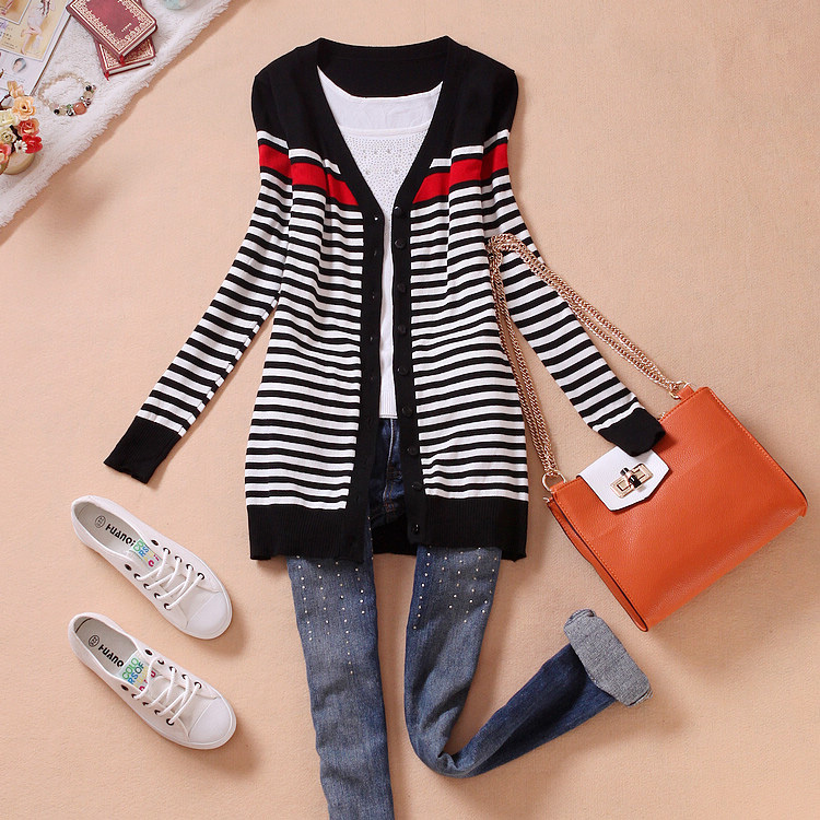 Free Shipping, 2012 spring women's medium-long V-neck elegant stripe sweater female cardigan a-5