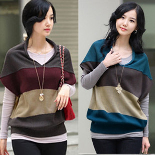 Free Shipping 2012 stripe sweater women's loose vest batwing sleeve sweater outerwear sweater