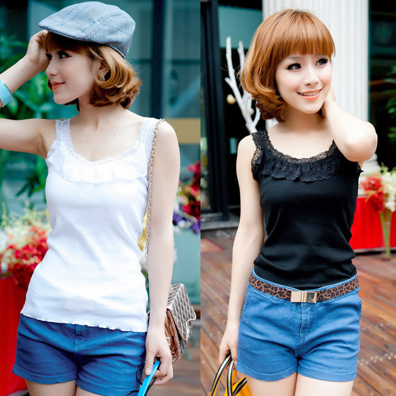Free shipping 2012 summer all-match lace collar thread basic spaghetti strap vest black and white