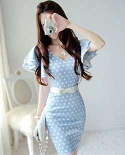 free shipping 2012 summer blue polka dot big ruffle sleeve elegant V-neck slim one-piece dress