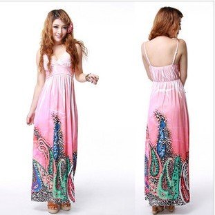Free Shipping 2012 Summer Digital Printed Sweet Bohemian Dress Holiday Necessary Beach Dress (Pink+Green+Average)120903#7