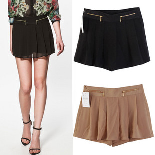 free shipping 2012 summer fashion double zipper chiffon shorts black culottes shorts skorts